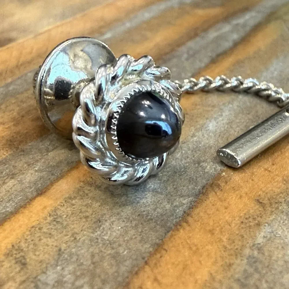 Vintage Silver Tone Faux Hematite Bullet Tie Tack with Chain and T-Bar Pin